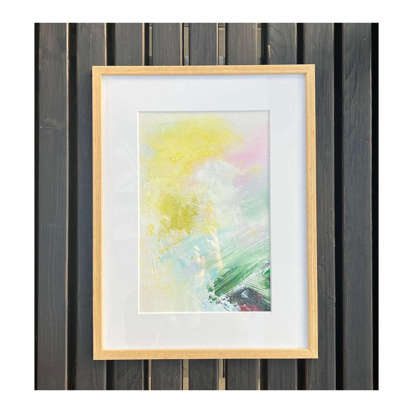 "Gentle Awakening" - original abstrakt akrylmaleri i ramme med passepartout